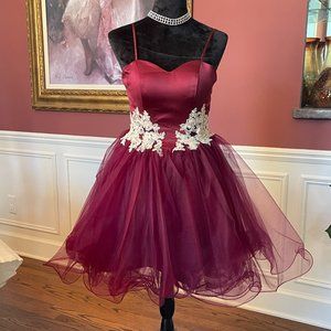 A-Line Burgundy Spaghetti Strap Dress with Tulle Skirt and Gold Embellishments
